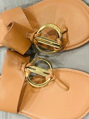 DKNY Tan Leather Slide Sandals with Gold Ring Detail
